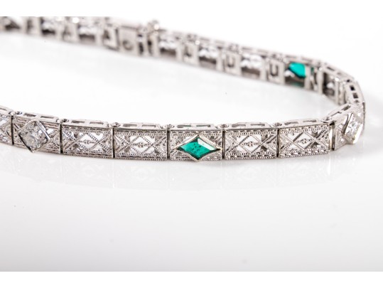 14k White Gold Vintage Filigree Bracelet With Diamonds And Synthetic Emeralds