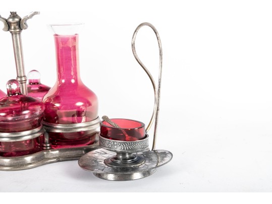 Cranberry Glass Cruets And Salt Cellar