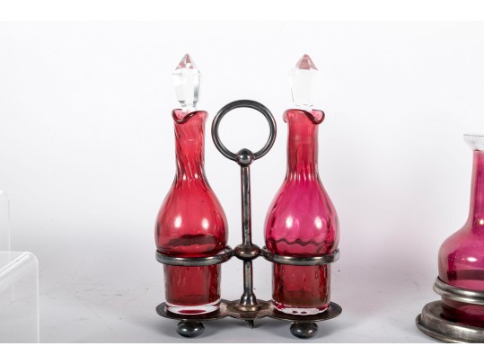 Cranberry Glass Cruets And Salt Cellar