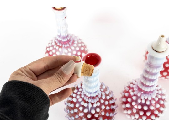 Cranberry White Hobnail Depression Glass Oil And Vinegar Decanters