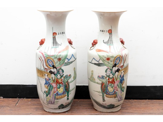 Chinese Famille Rose Ceramic Floor Vases Depicting Festival Scenes