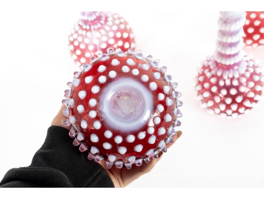 Cranberry White Hobnail Depression Glass Oil And Vinegar Decanters