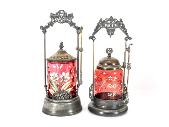 Floral Painted Cranberry Coin Depression Glass Pickle Castors