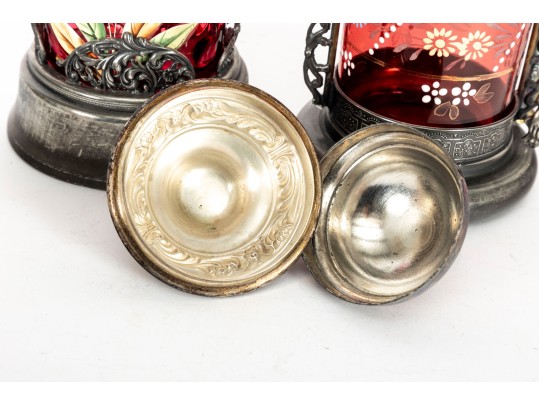 Floral Painted Cranberry Coin Depression Glass Pickle Castors