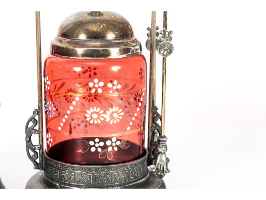 Floral Painted Cranberry Coin Depression Glass Pickle Castors