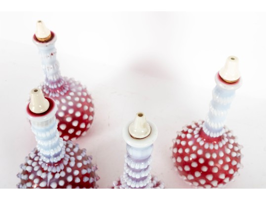 Cranberry White Hobnail Depression Glass Oil And Vinegar Decanters