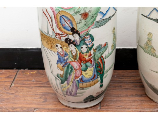 Chinese Famille Rose Ceramic Floor Vases Depicting Festival Scenes