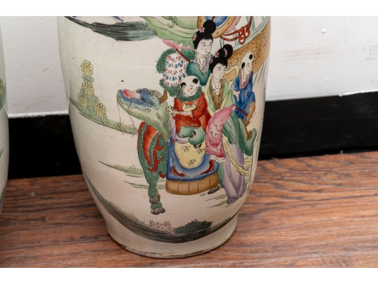 Chinese Famille Rose Ceramic Floor Vases Depicting Festival Scenes