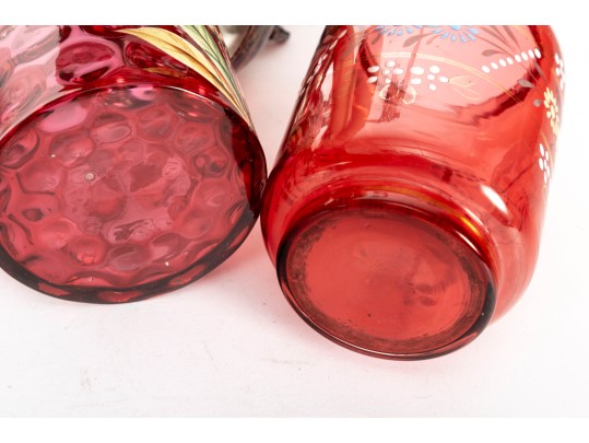 Floral Painted Cranberry Coin Depression Glass Pickle Castors