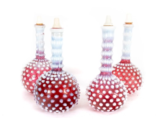 Cranberry White Hobnail Depression Glass Oil And Vinegar Decanters