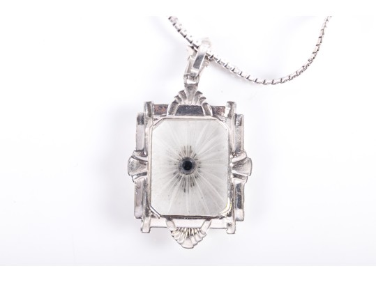 14k White Gold Art Deco Moissanite Pendant Necklace