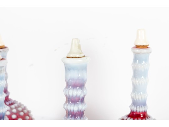 Cranberry White Hobnail Depression Glass Oil And Vinegar Decanters