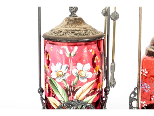 Floral Painted Cranberry Coin Depression Glass Pickle Castors