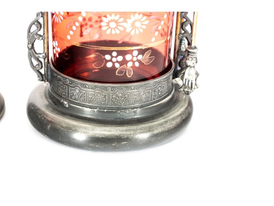 Floral Painted Cranberry Coin Depression Glass Pickle Castors