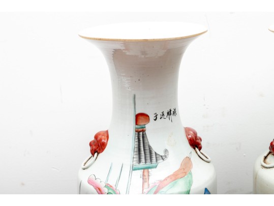 Chinese Famille Rose Ceramic Floor Vases Depicting Festival Scenes