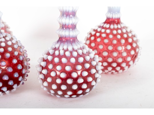 Cranberry White Hobnail Depression Glass Oil And Vinegar Decanters