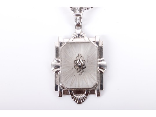 14k White Gold Art Deco Moissanite Pendant Necklace