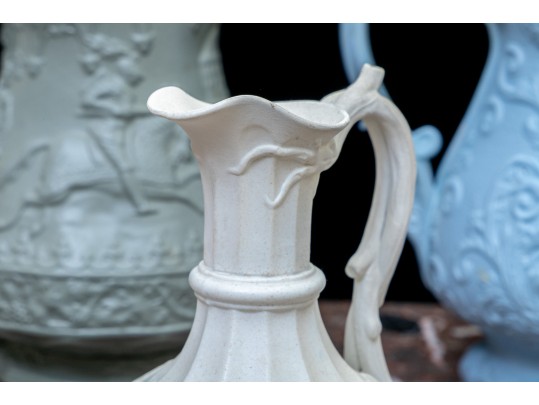 Collection Of 4 Antique, English Monochrome Glazed Parian Ware Ceramic Ewers