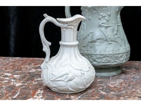 Collection Of 4 Antique, English Monochrome Glazed Parian Ware Ceramic Ewers