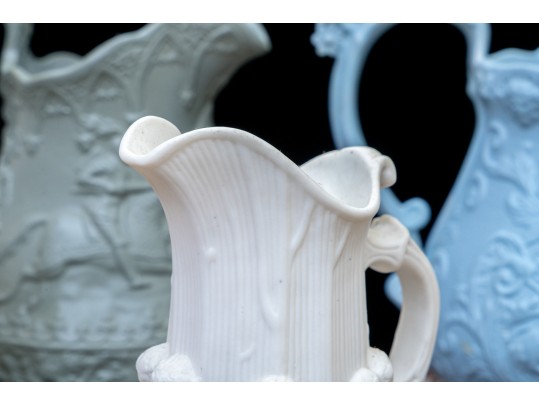 Collection Of 4 Antique, English Monochrome Glazed Parian Ware Ceramic Ewers