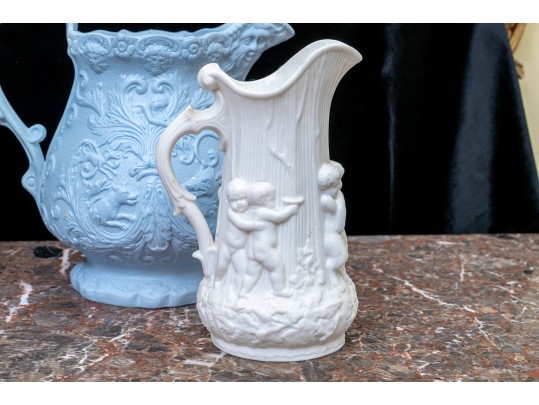 Collection Of 4 Antique, English Monochrome Glazed Parian Ware Ceramic Ewers