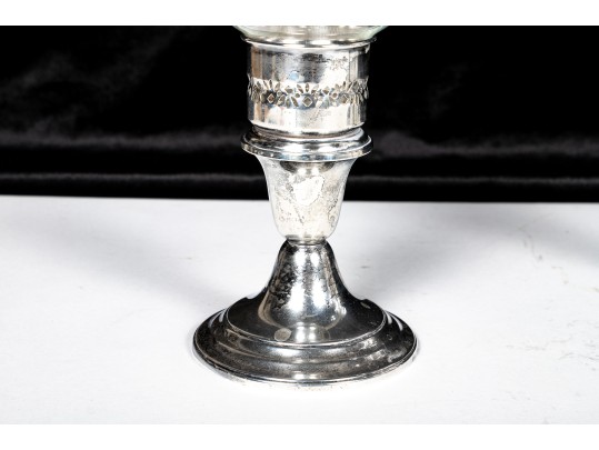 Collection Of Four Weighted Sterling Silver & Glass Hurricane Lamps