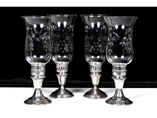 Collection Of Four Weighted Sterling Silver & Glass Hurricane Lamps