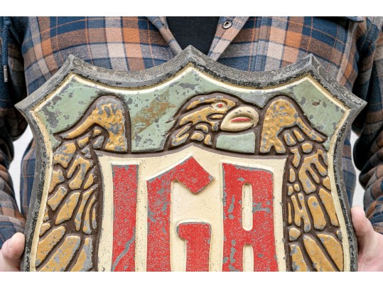 Vintage Painted And Gilt Cast Metal IGA Sign By Specialty Sign System Chicago