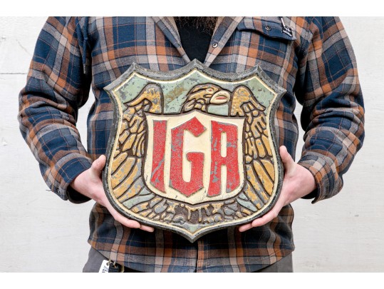 Vintage Painted And Gilt Cast Metal IGA Sign By Specialty Sign System Chicago