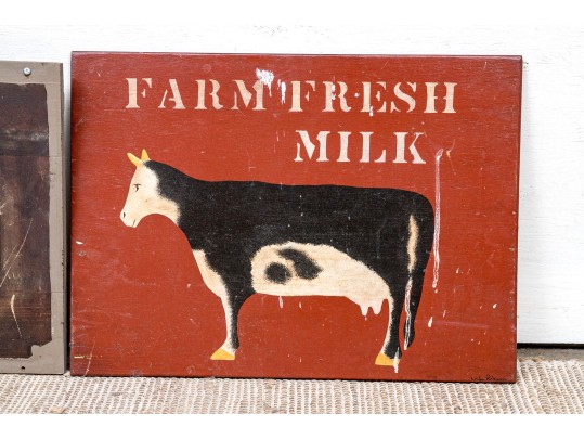 Two Vintage Painted Wood Farm Signs- Milk And Eggs