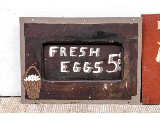 Two Vintage Painted Wood Farm Signs- Milk And Eggs