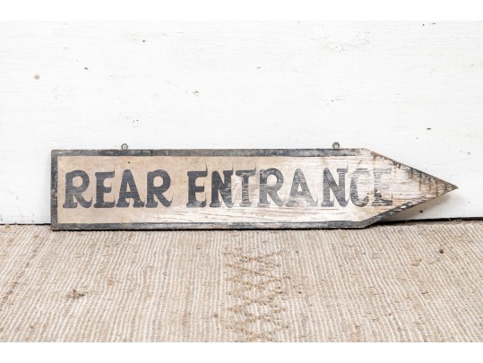 Vintage Arrow Form Painted Wood Sign- Rear Entrance