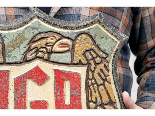 Vintage Painted And Gilt Cast Metal IGA Sign By Specialty Sign System Chicago