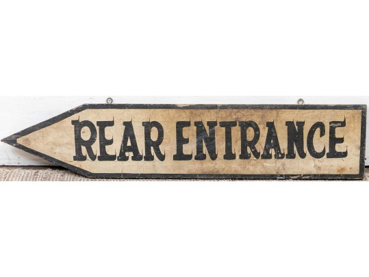 Vintage Arrow Form Painted Wood Sign- Rear Entrance