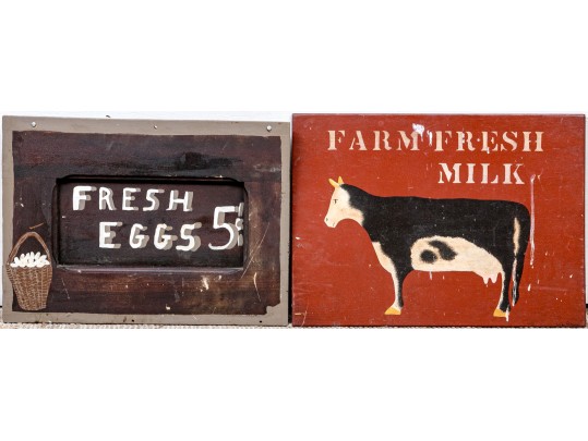 Two Vintage Painted Wood Farm Signs- Milk And Eggs