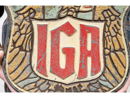 Vintage Painted And Gilt Cast Metal IGA Sign By Specialty Sign System Chicago
