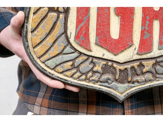 Vintage Painted And Gilt Cast Metal IGA Sign By Specialty Sign System Chicago