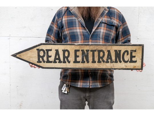 Vintage Arrow Form Painted Wood Sign- Rear Entrance