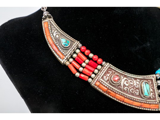 Two Striking Beaded And Ornate Stone Necklaces