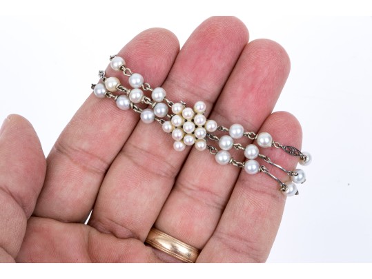 14k White Gold Vintage Three Strand Cultured Pearl And Plaque Link Bracelet