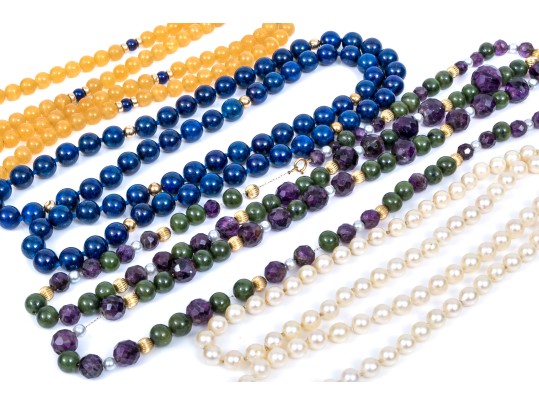 Lot Of Four Bead Necklaces, Including Amethyst And Jade, Chalcedony, Cultured Pearl And Sodalite