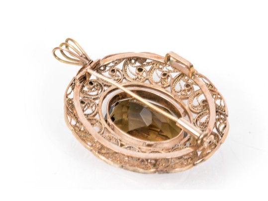 Elegant 14K Smoky Quartz Filigree Brooch