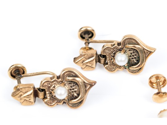 14k Yellow Vintage Lot Of Cultured Pearl And Screw Back Earrings, Assorted Styles