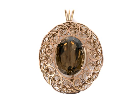 Elegant 14K Smoky Quartz Filigree Brooch