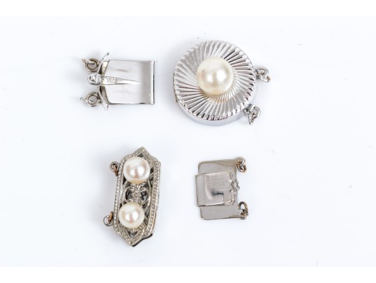 Pair Of Vintage 14k White Gold Cultured Pearl Decorated Double Strand Pearl Clasps