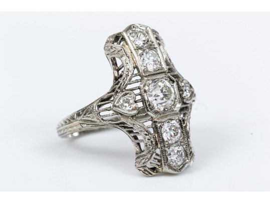 Vintage 18K White Gold Old European Cut Diamond Elongated Ring, Size 5.25-