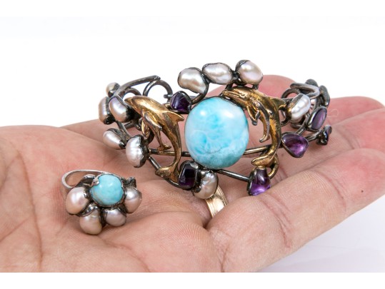 Sterling Striking Larimer, Amethyst And Cultured Freshwater Pearl Cuff Bracelet, With Ring