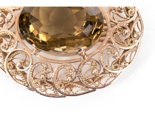 Elegant 14K Smoky Quartz Filigree Brooch