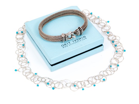 Lot Of Two Fun Sterling Silver Jewelry Pieces, Including A Link Necklace And Mesh Bracelet