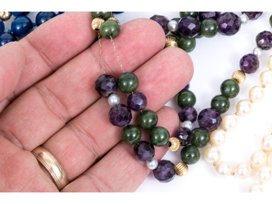 Lot Of Four Bead Necklaces, Including Amethyst And Jade, Chalcedony, Cultured Pearl And Sodalite